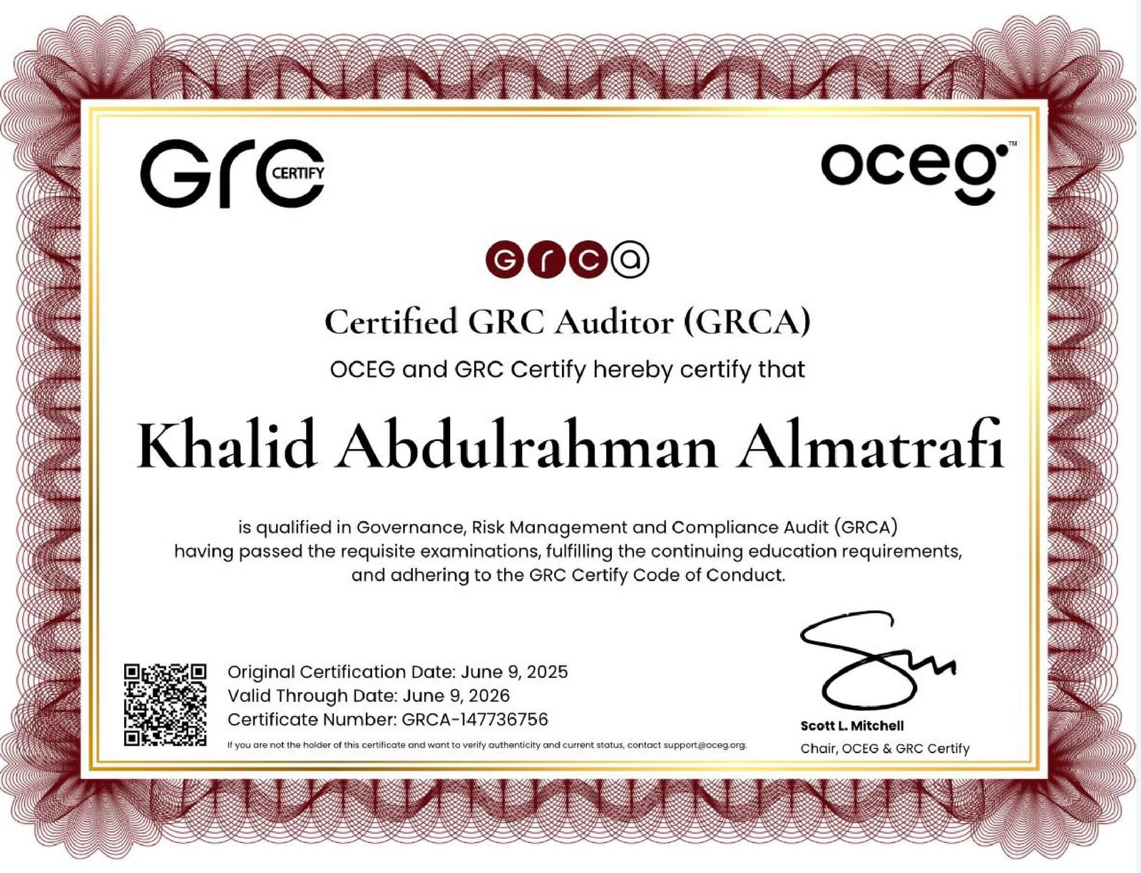 مدقق معتمد في الحوكمة وإدارة المخاطر والامتثال (GRCA)